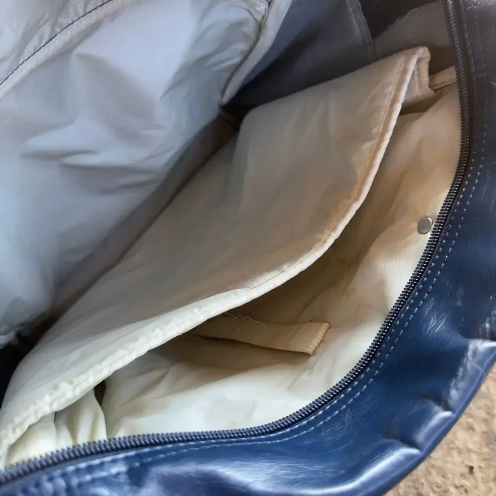 Vintage 1970s Nike Leather Faux Leather Blue Duffle Bag Travelite Logo Athletic